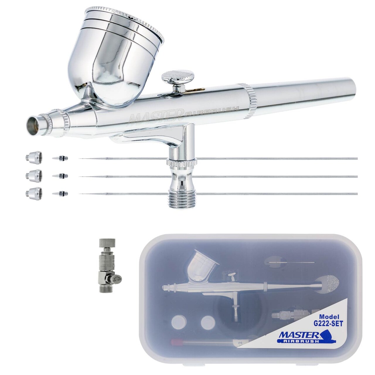 Master Airbrush G222 Multi-Purpose Dual-Action Gravity Feed Airbrush Gun Set for Model Painting, Graphics, Cake & Fine Art - Air Brush Gun Kit with 3 Nozzle Sets (0.2, 0.3, 0.5mm) & 1/3 oz Cup